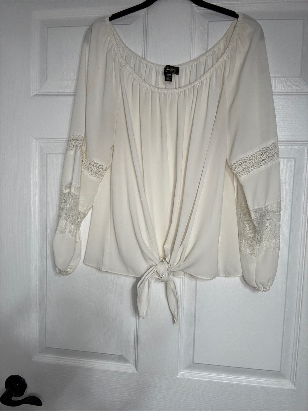 Thalia Sodi Cream Tie-Front Peasant Blouse with Lace Sleeves